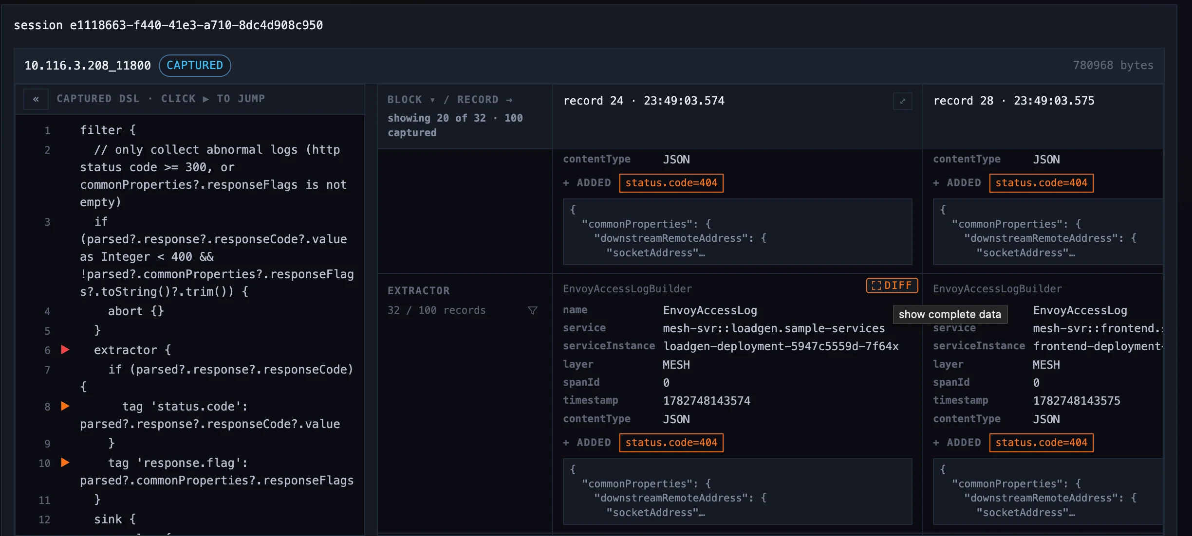 Figure 6: The LAL matrix — the captured rule on the left, records by block on the right, the extractor cells showing the status.code tag it added to each abnormal record.